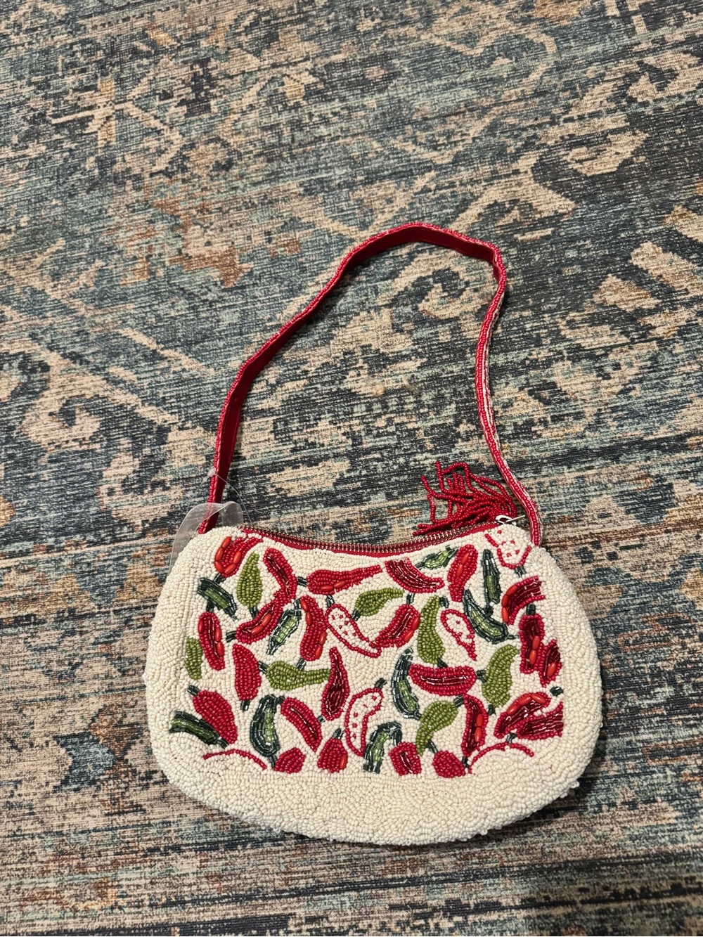 Beaded Red Chili Pattern Shoulder Bag